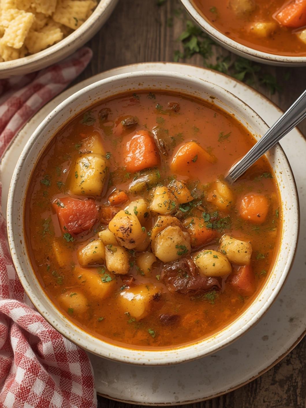 Finished Campbell's soup recipe served warm with vegetables and herbs
