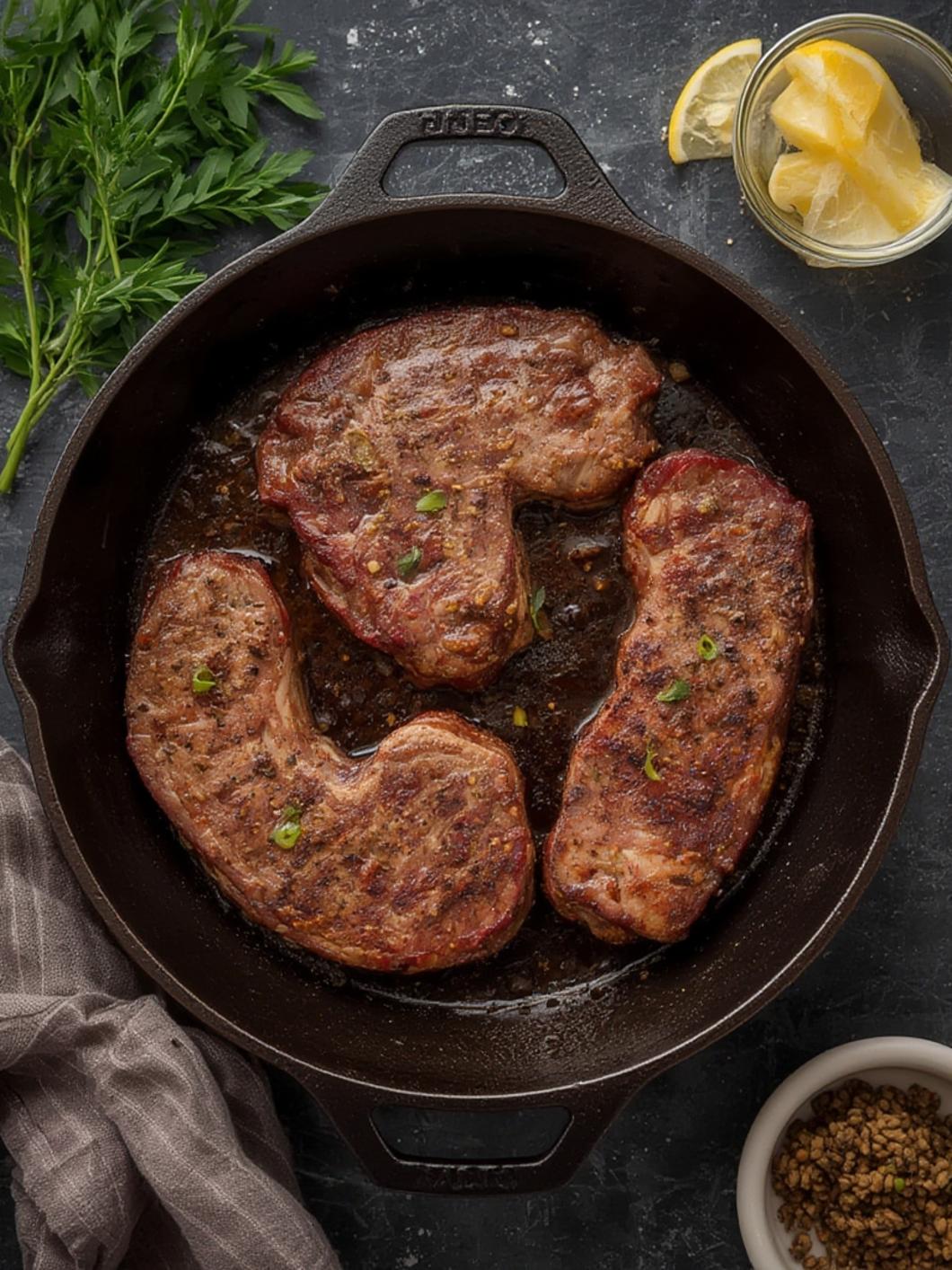 Cast Iron Skillet Steak Preparation Cast iron skillet steak preparation with butter and herbs