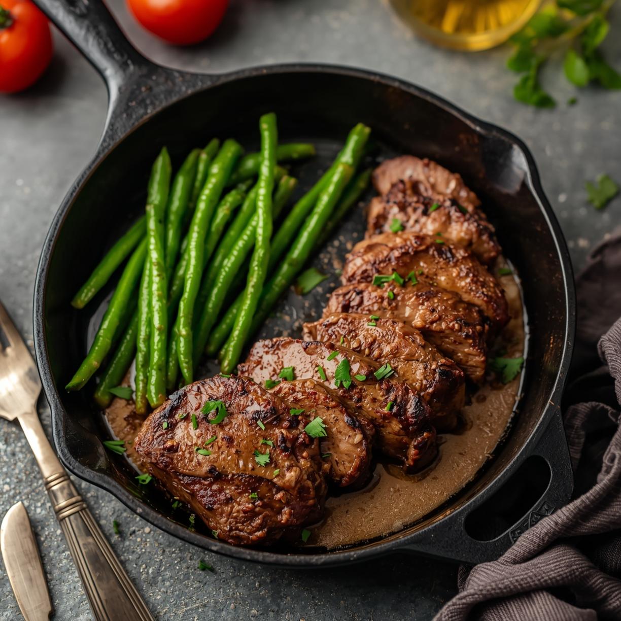 Perfectly cooked steak in a cast iron skillet with butter and herbs