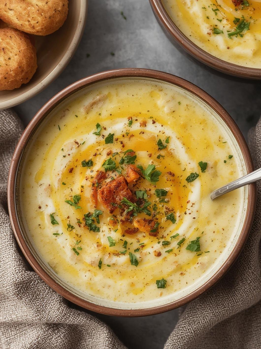 Finished creamy potato soup served in a bowl garnished with herbs