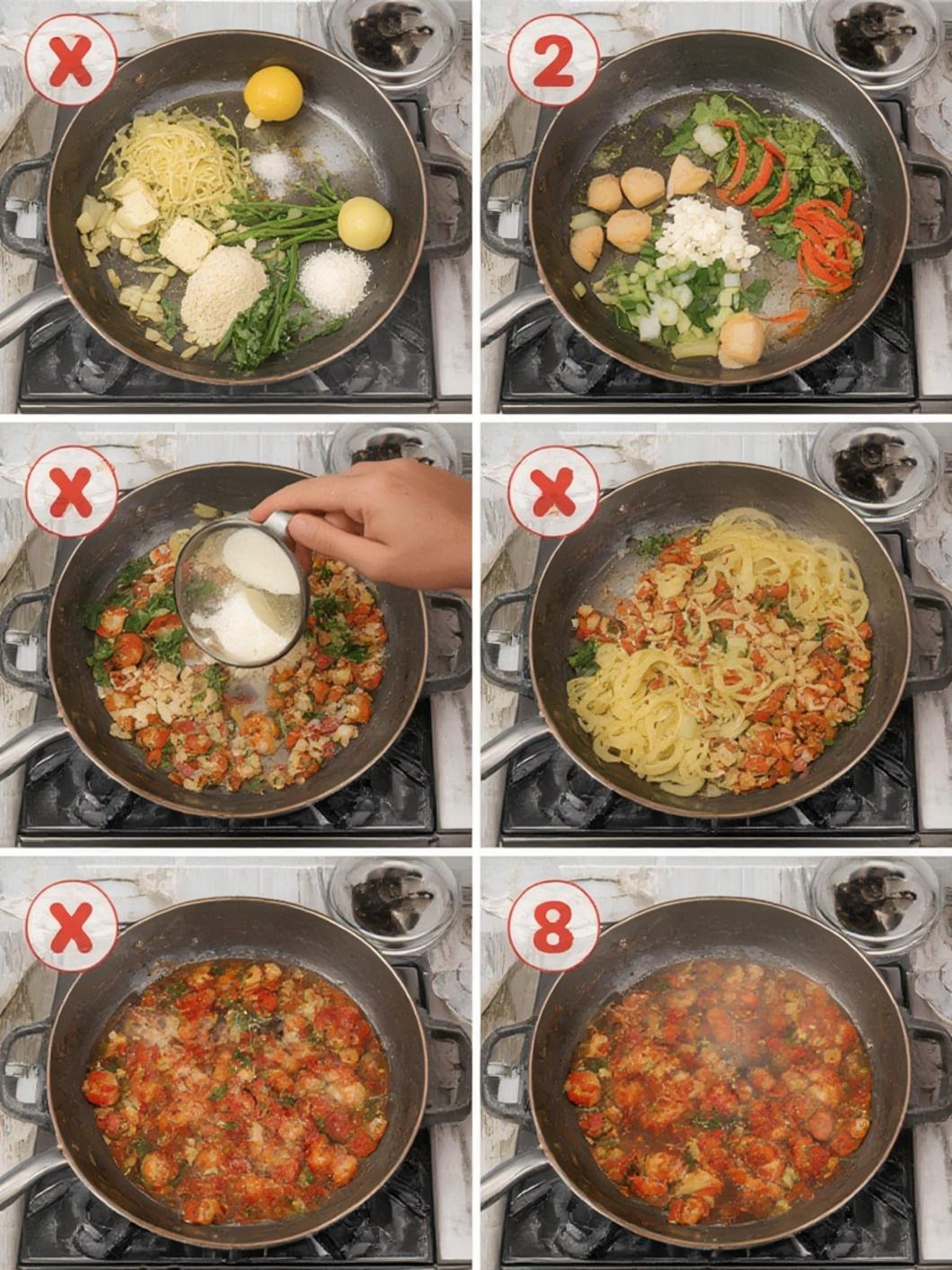 Six cooking images in a skillet showing ingredients and sauce preparation, with numbers 2 and 8 circled in red and numbers 1, 3, 4, 5, 6, and 7 marked with red X