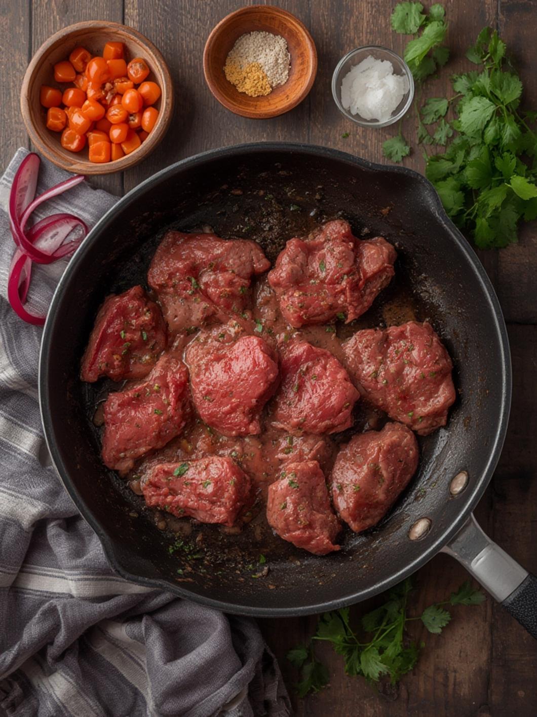 Steak fajitas cooked with bell peppers and onions in a skillet