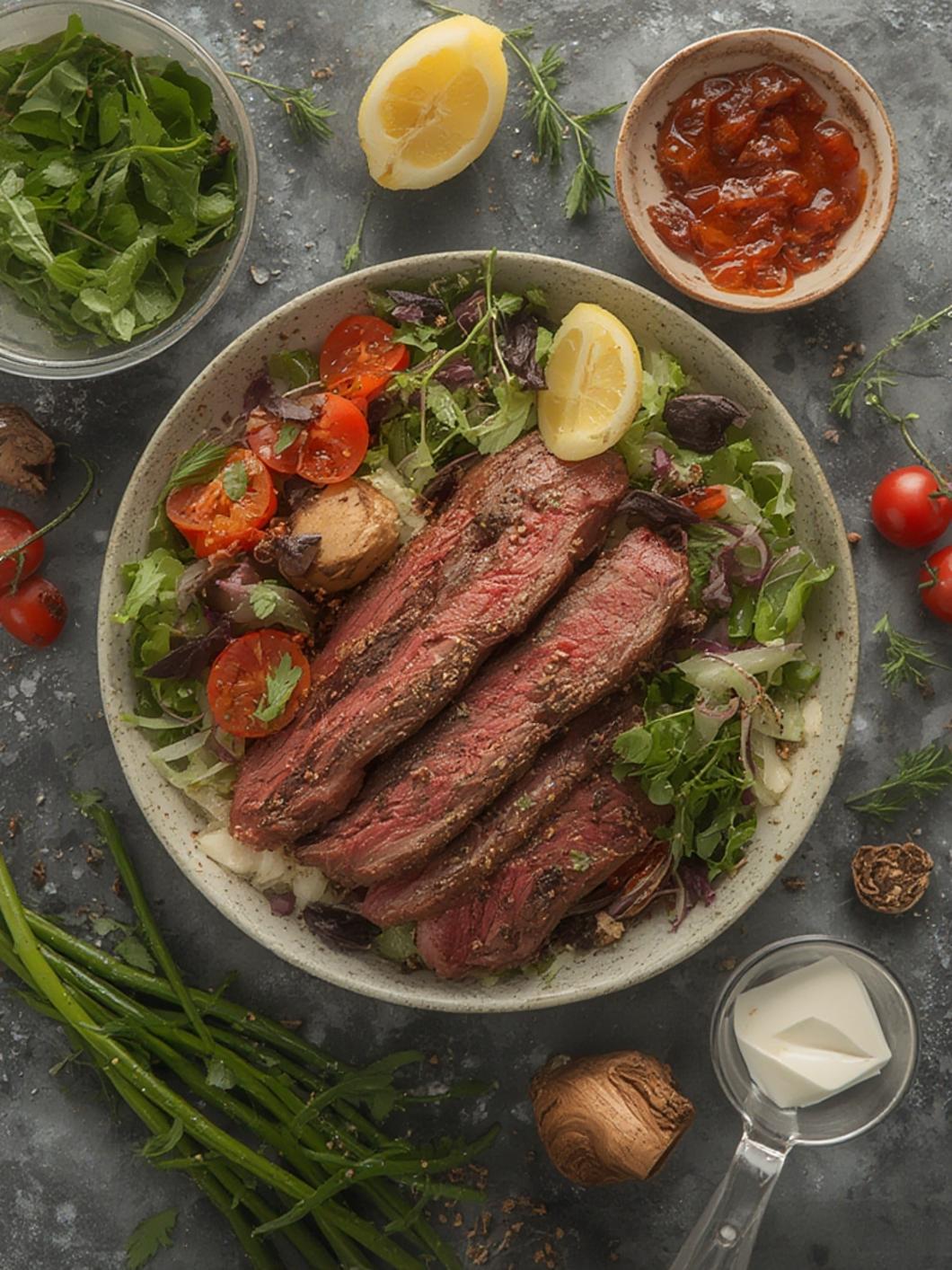 Fresh steak salad with grilled steak and vegetables