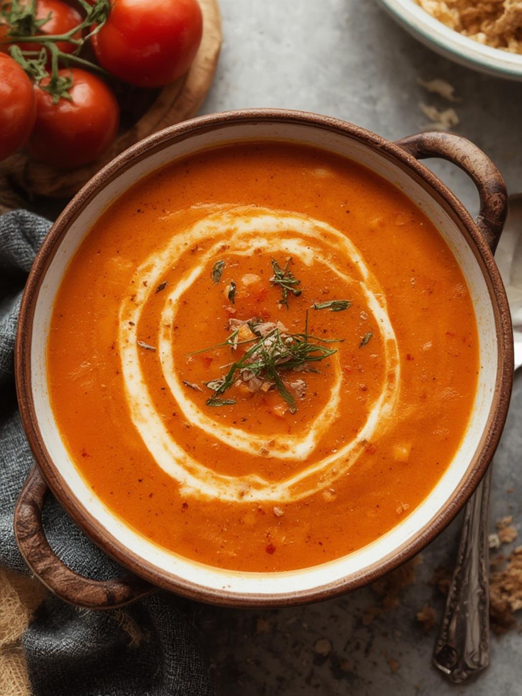 Finished bowl of creamy tomato bisque soup