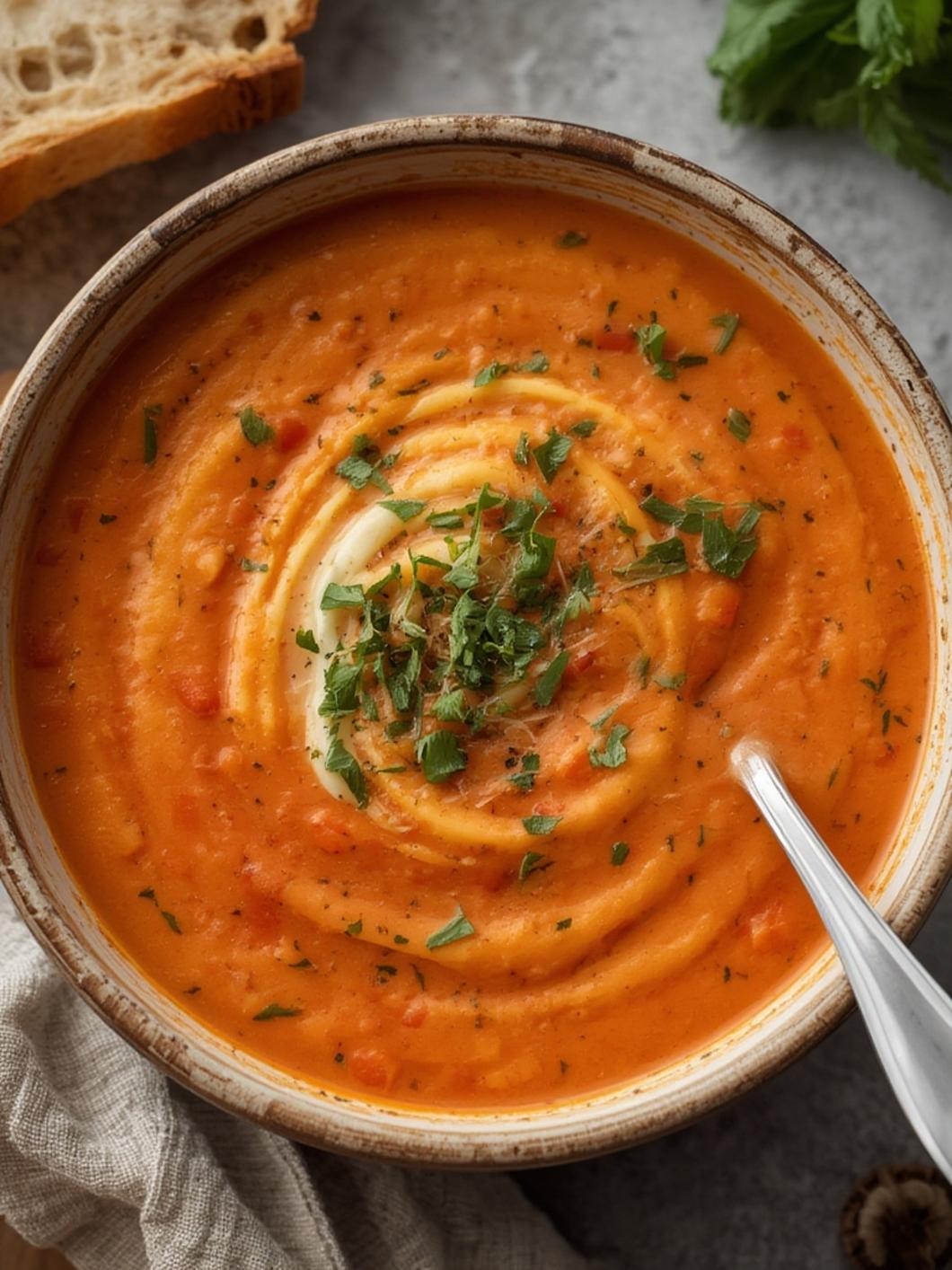 Completed tomato soup in bowl