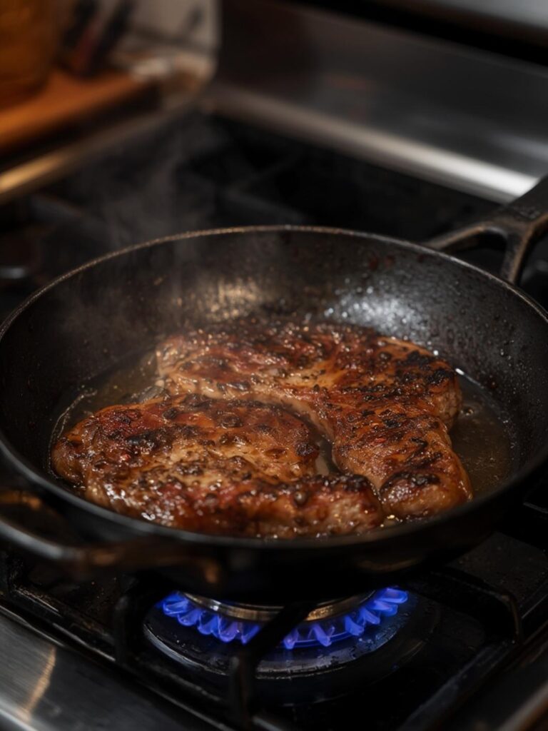 cooking steak on stove
