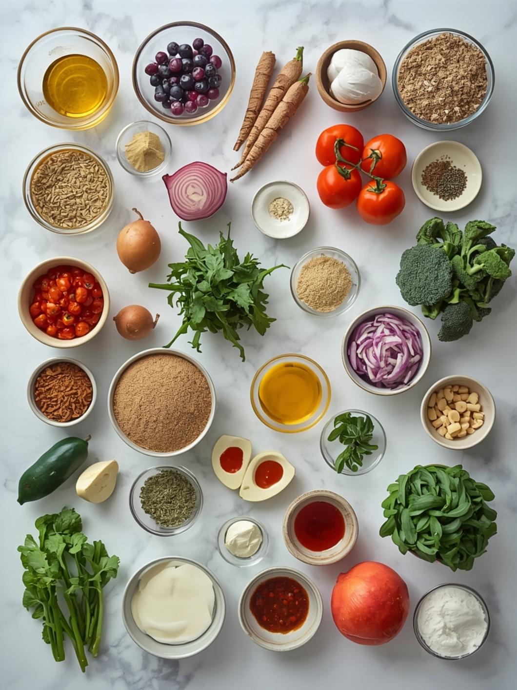 Fresh ingredients for avgolemono soup recipe including chicken broth, eggs, lemon juice, and rice on a kitchen counter