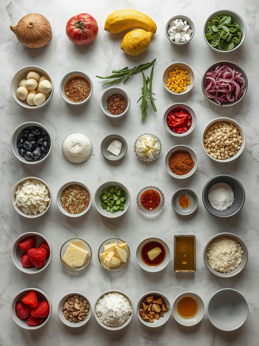 Fresh ingredients for beef chow fun recipe including rice noodles, sliced beef, soy sauce, garlic, and vegetables on a kitchen counter
