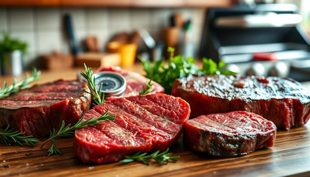 A beautifully arranged display of various prime cuts of steak, highlighting the best options for achieving a perfect medium rare. In the foreground, feature a tender ribeye, a juicy filet mignon, and a marbled sirloin, all glistening with a slight sheen from seasoning. The middle space should include fresh herbs like rosemary and thyme, alongside a few essential cooking tools like a meat thermometer and a grill. In the background, softly blurred, a warm kitchen ambiance with wooden cabinetry and a hint of a sizzling grill adds depth to the scene. Utilize natural lighting to create an inviting glow, and capture the image with a shallow depth of field for a professional look, evoking mouth-watering anticipation for steak lovers. A beautifully arranged display of various prime cuts of steak, highlighting the best options for achieving a perfect medium rare. In the foreground, feature a tender ribeye, a juicy filet mignon, and a marbled sirloin, all glistening with a slight sheen from seasoning. The middle space should include fresh herbs like rosemary and thyme, alongside a few essential cooking tools like a meat thermometer and a grill. In the background, softly blurred, a warm kitchen ambiance with wooden cabinetry and a hint of a sizzling grill adds depth to the scene. Utilize natural lighting to create an inviting glow, and capture the image with a shallow depth of field for a professional look, evoking mouth-watering anticipation for steak lovers.