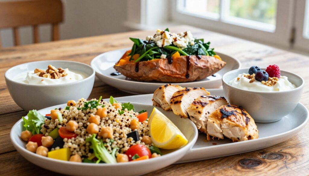 A beautifully arranged high protein lunch spread featuring a variety of healthy dishes. In the foreground, a colorful quinoa salad with chickpeas, fresh vegetables, and herbs. Beside it, grilled chicken breast slices garnished with a lemon wedge, and a bowl of Greek yogurt sprinkled with nuts and berries. In the middle, a vibrant spinach and feta stuffed sweet potato with a drizzle of balsamic glaze. The background showcases a rustic wooden table with natural light flowing in from a nearby window, creating a warm, inviting atmosphere. The angle is slightly above eye level, giving a clear view of the delicious details. The mood is one of freshness and health, ideal for promoting nutritious meals. A beautifully arranged high protein lunch spread featuring a variety of healthy dishes. In the foreground, a colorful quinoa salad with chickpeas, fresh vegetables, and herbs. Beside it, grilled chicken breast slices garnished with a lemon wedge, and a bowl of Greek yogurt sprinkled with nuts and berries. In the middle, a vibrant spinach and feta stuffed sweet potato with a drizzle of balsamic glaze. The background showcases a rustic wooden table with natural light flowing in from a nearby window, creating a warm, inviting atmosphere. The angle is slightly above eye level, giving a clear view of the delicious details. The mood is one of freshness and health, ideal for promoting nutritious meals.