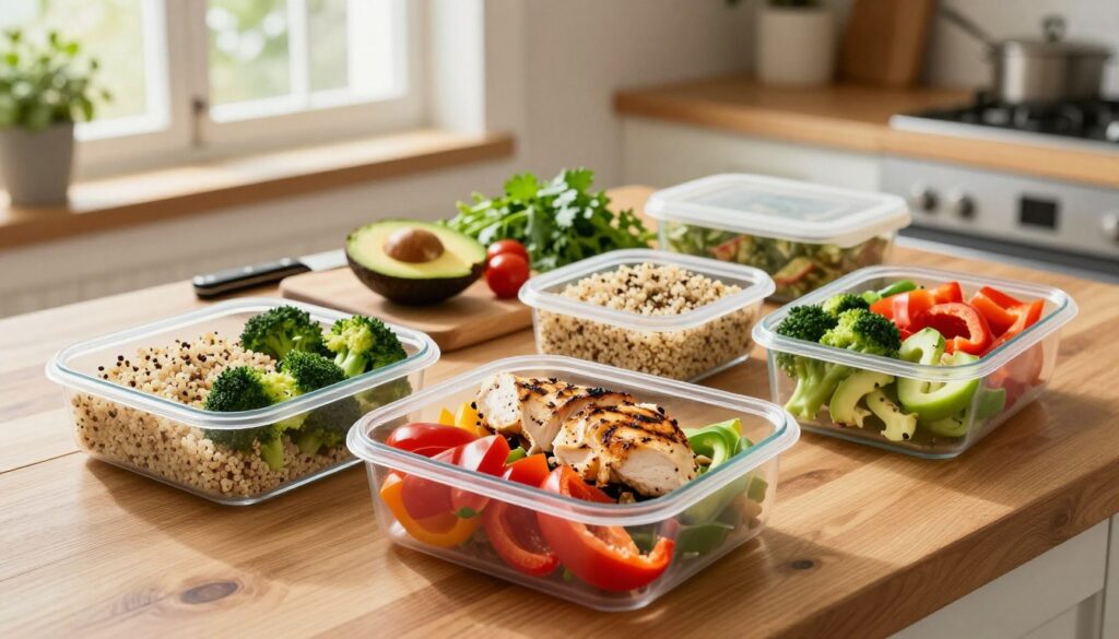 A beautifully arranged high-protein meal prep setup on a wooden kitchen table. In the foreground, vibrant meal prep containers filled with grilled chicken, quinoa, steamed broccoli, and colorful bell peppers, each neatly portioned. In the middle, a cutting board with sliced avocados and cherry tomatoes, alongside a knife and some herbs like cilantro and parsley. The background features soft natural lighting coming from a nearby window, creating a warm and inviting atmosphere. The kitchen is decorated with potted herbs and utensils, enhancing the homey feel. The overall mood is fresh, healthy, and inspiring, perfect for encouraging easy meal prep. The angle is slightly overhead, showcasing the meal prep containers appealingly without any text or distractions. A beautifully arranged high-protein meal prep setup on a wooden kitchen table. In the foreground, vibrant meal prep containers filled with grilled chicken, quinoa, steamed broccoli, and colorful bell peppers, each neatly portioned. In the middle, a cutting board with sliced avocados and cherry tomatoes, alongside a knife and some herbs like cilantro and parsley. The background features soft natural lighting coming from a nearby window, creating a warm and inviting atmosphere. The kitchen is decorated with potted herbs and utensils, enhancing the homey feel. The overall mood is fresh, healthy, and inspiring, perfect for encouraging easy meal prep. The angle is slightly overhead, showcasing the meal prep containers appealingly without any text or distractions.