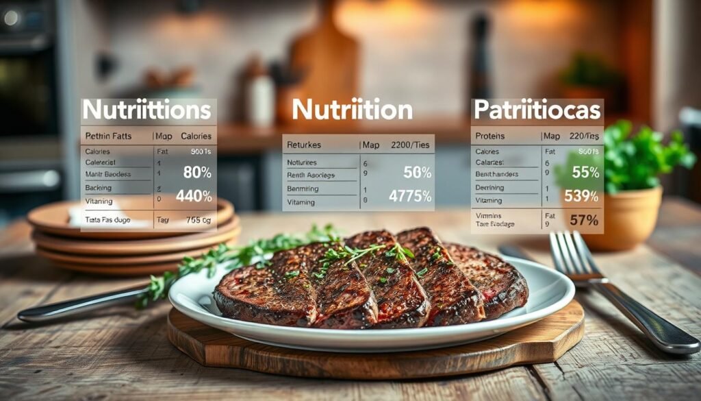 A beautifully arranged plate of medium-rare steak, perfectly seared and glistening with juices, takes center stage in the foreground. The steak is sliced to reveal its pink, juicy interior. Around it, neatly presented nutrition facts are displayed graphically, including calories, protein, fat, and vitamins, styled artistically. In the middle ground, a rustic wooden table adds warmth and texture, adorned with fresh herbs and a knife and fork set beside the plate. The background features a softly blurred kitchen setting with warm, inviting lighting, enhancing the appetizing atmosphere. The scene is captured from a slightly elevated angle, showcasing the details of the steak and nutrition facts while maintaining a clean and inviting aesthetic, perfect for educational purposes on steak nutrition. A beautifully arranged plate of medium-rare steak, perfectly seared and glistening with juices, takes center stage in the foreground. The steak is sliced to reveal its pink, juicy interior. Around it, neatly presented nutrition facts are displayed graphically, including calories, protein, fat, and vitamins, styled artistically. In the middle ground, a rustic wooden table adds warmth and texture, adorned with fresh herbs and a knife and fork set beside the plate. The background features a softly blurred kitchen setting with warm, inviting lighting, enhancing the appetizing atmosphere. The scene is captured from a slightly elevated angle, showcasing the details of the steak and nutrition facts while maintaining a clean and inviting aesthetic, perfect for educational purposes on steak nutrition.
