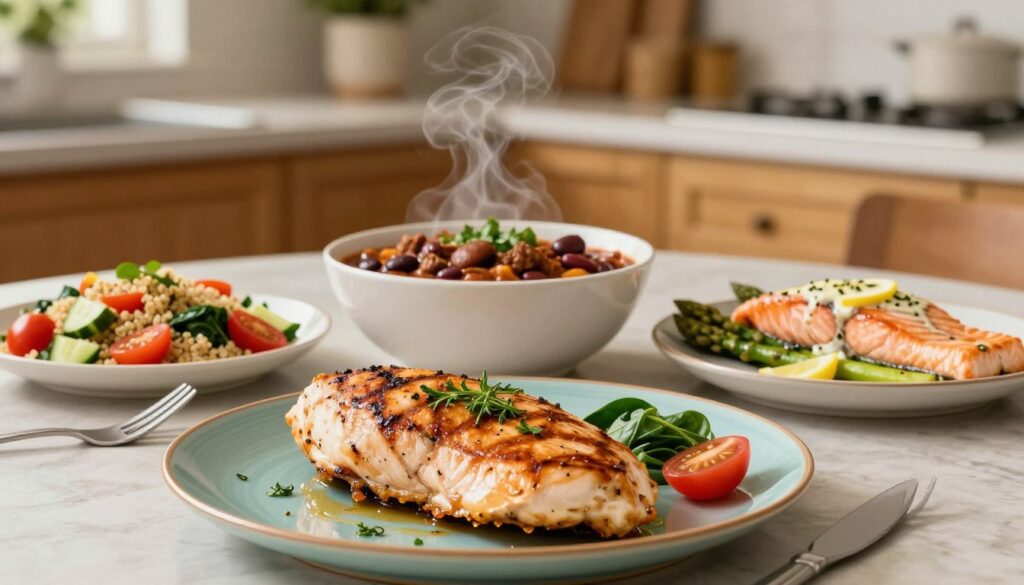 A beautifully arranged table featuring a variety of high-protein dinner recipes. In the foreground, a juicy grilled chicken breast garnished with fresh herbs sits on a vibrant plate, alongside a colorful quinoa salad filled with cherry tomatoes, cucumber, and spinach. In the middle, a steaming bowl of chili con carne, rich in beans and lean meat, showcases its hearty texture. Nearby, a beautifully plated salmon fillet, drizzled with a lemon-garlic sauce and accompanied by asparagus, adds elegance. The background features a softly lit kitchen with wooden cabinets, subtle plant decorations, and a hint of warm, inviting light that creates a cozy atmosphere. The image should evoke a sense of healthiness and comfort, with a focus on fresh, colorful ingredients and a clean presentation. A beautifully arranged table featuring a variety of high-protein dinner recipes. In the foreground, a juicy grilled chicken breast garnished with fresh herbs sits on a vibrant plate, alongside a colorful quinoa salad filled with cherry tomatoes, cucumber, and spinach. In the middle, a steaming bowl of chili con carne, rich in beans and lean meat, showcases its hearty texture. Nearby, a beautifully plated salmon fillet, drizzled with a lemon-garlic sauce and accompanied by asparagus, adds elegance. The background features a softly lit kitchen with wooden cabinets, subtle plant decorations, and a hint of warm, inviting light that creates a cozy atmosphere. The image should evoke a sense of healthiness and comfort, with a focus on fresh, colorful ingredients and a clean presentation.