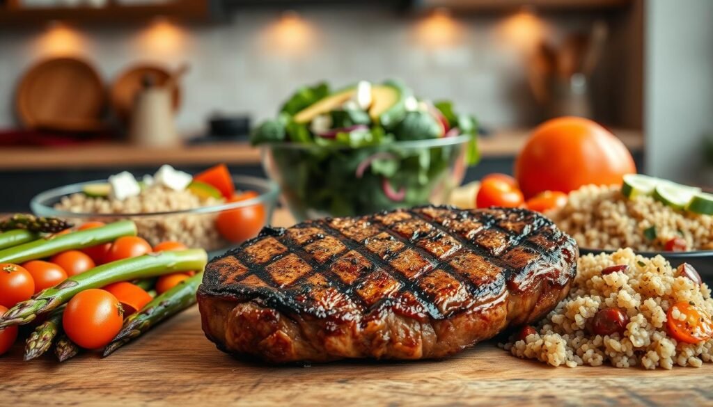 A beautifully arranged table featuring high protein meals centered around perfectly grilled medium-rare steak. In the foreground, a succulent steak with a rich golden-brown crust, juices glistening, plated alongside colorful roasted vegetables like asparagus, cherry tomatoes, and bell peppers. A side of quinoa adds texture and nutrition. In the middle, a vibrant salad with mixed greens, avocado slices, and a sprinkle of feta cheese compliments the meal. The background showcases a rustic kitchen setting with soft, warm lighting highlighting the food, emanating a cozy, inviting atmosphere. Shot with a shallow depth of field to emphasize the food while blurring the background slightly, creating a mouthwatering focus on the steak and healthy sides. The overall mood is appetizing and health-conscious. A beautifully arranged table featuring high protein meals centered around perfectly grilled medium-rare steak. In the foreground, a succulent steak with a rich golden-brown crust, juices glistening, plated alongside colorful roasted vegetables like asparagus, cherry tomatoes, and bell peppers. A side of quinoa adds texture and nutrition. In the middle, a vibrant salad with mixed greens, avocado slices, and a sprinkle of feta cheese compliments the meal. The background showcases a rustic kitchen setting with soft, warm lighting highlighting the food, emanating a cozy, inviting atmosphere. Shot with a shallow depth of field to emphasize the food while blurring the background slightly, creating a mouthwatering focus on the steak and healthy sides. The overall mood is appetizing and health-conscious.