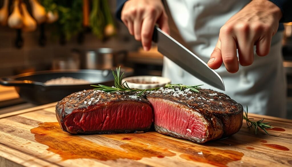 A beautifully cooked medium rare steak, glistening with juices, resting on a wooden cutting board. The steak displays a deep brown crust with a pink, perfectly cooked center, garnished with fresh rosemary and a sprinkle of sea salt. In the foreground, a chef in a white apron and navy shirt is slicing the steak with a sharp knife, revealing the succulent interior. In the middle ground, a cast iron skillet and a small bowl of seasoning blend are visible on a kitchen counter, with the warm glow of soft lighting creating a cozy atmosphere. In the background, a rustic kitchen with hanging garlic and herbs adds depth. The scene is inviting and appetizing, captured from a slightly elevated angle to showcase the steak's texture and color. A beautifully cooked medium rare steak, glistening with juices, resting on a wooden cutting board. The steak displays a deep brown crust with a pink, perfectly cooked center, garnished with fresh rosemary and a sprinkle of sea salt. In the foreground, a chef in a white apron and navy shirt is slicing the steak with a sharp knife, revealing the succulent interior. In the middle ground, a cast iron skillet and a small bowl of seasoning blend are visible on a kitchen counter, with the warm glow of soft lighting creating a cozy atmosphere. In the background, a rustic kitchen with hanging garlic and herbs adds depth. The scene is inviting and appetizing, captured from a slightly elevated angle to showcase the steak's texture and color.