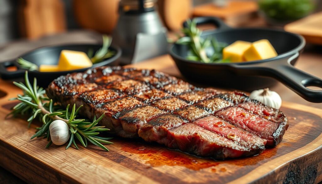 A beautifully seared medium rare steak resting on a rustic wooden cutting board, glistening with juices. The steak, cooked to a perfect temperature, showcases a rich brown crust with visible grill marks, and a succulent pink center. Surrounding the steak are fresh sprigs of rosemary and garlic cloves, adding aromatic elements to the composition. A small cast iron skillet nearby holds sizzling butter and herbs, hinting at the cooking process. The background features a softly blurred kitchen setting, with warm, inviting lighting accentuating the textures and colors of the dish. The atmosphere is cozy and inviting, ideal for a home cooking experience, captured in a close-up shot with a shallow depth of field to focus on the steak. A beautifully seared medium rare steak resting on a rustic wooden cutting board, glistening with juices. The steak, cooked to a perfect temperature, showcases a rich brown crust with visible grill marks, and a succulent pink center. Surrounding the steak are fresh sprigs of rosemary and garlic cloves, adding aromatic elements to the composition. A small cast iron skillet nearby holds sizzling butter and herbs, hinting at the cooking process. The background features a softly blurred kitchen setting, with warm, inviting lighting accentuating the textures and colors of the dish. The atmosphere is cozy and inviting, ideal for a home cooking experience, captured in a close-up shot with a shallow depth of field to focus on the steak.