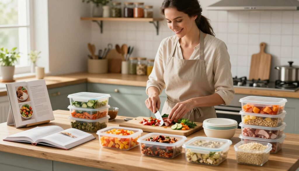 A bright, organized kitchen workspace showcasing time-saving tips for meal prep. In the foreground, a wooden countertop is filled with neatly arranged containers of prepped ingredients: colorful chopped vegetables, marinated proteins, and grains in clear containers. To the left, a well-placed, modern cookbook is open to a page of high-protein recipes. In the middle, a professional, modestly dressed woman is assembling a meal, focused but smiling, with a chopping board, knife, and bowls around her. In the background, kitchen shelves display jars of spices and utensils, creating an inviting atmosphere. The lighting is warm and natural, coming from a nearby window, casting gentle shadows and highlighting the fresh ingredients. The overall mood is productive and cheerful, encouraging healthy meal prep. A bright, organized kitchen workspace showcasing time-saving tips for meal prep. In the foreground, a wooden countertop is filled with neatly arranged containers of prepped ingredients: colorful chopped vegetables, marinated proteins, and grains in clear containers. To the left, a well-placed, modern cookbook is open to a page of high-protein recipes. In the middle, a professional, modestly dressed woman is assembling a meal, focused but smiling, with a chopping board, knife, and bowls around her. In the background, kitchen shelves display jars of spices and utensils, creating an inviting atmosphere. The lighting is warm and natural, coming from a nearby window, casting gentle shadows and highlighting the fresh ingredients. The overall mood is productive and cheerful, encouraging healthy meal prep.