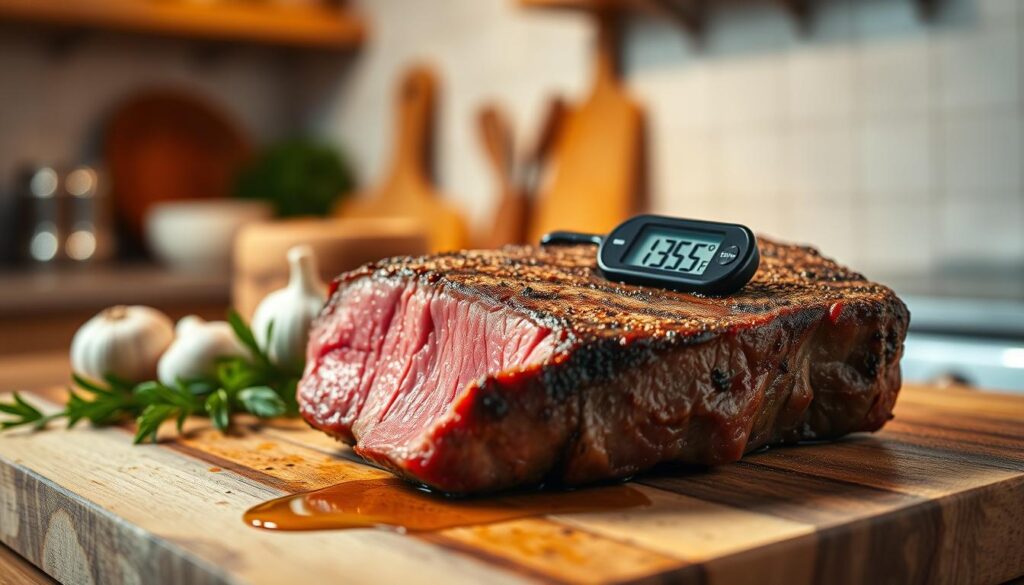 A perfectly cooked medium rare steak, showing a juicy, pink center surrounded by a beautifully seared crust, is the focal point in the foreground. The steak is placed on a rustic wooden cutting board, with a digital meat thermometer embedded in it, indicating a temperature around 135°F (57°C). In the middle ground, ingredients like fresh herbs, garlic cloves, and a drizzle of olive oil create a culinary atmosphere. The background features a softly lit kitchen, emphasizing warm, golden hues with a few kitchen utensils neatly arranged. The scene is captured with a warm, inviting lighting setup, using a slightly above eye-level angle to highlight the steak's texture and juiciness. The mood is cozy and homey, evoking a sense of comfort and culinary satisfaction. A perfectly cooked medium rare steak, showing a juicy, pink center surrounded by a beautifully seared crust, is the focal point in the foreground. The steak is placed on a rustic wooden cutting board, with a digital meat thermometer embedded in it, indicating a temperature around 135°F (57°C). In the middle ground, ingredients like fresh herbs, garlic cloves, and a drizzle of olive oil create a culinary atmosphere. The background features a softly lit kitchen, emphasizing warm, golden hues with a few kitchen utensils neatly arranged. The scene is captured with a warm, inviting lighting setup, using a slightly above eye-level angle to highlight the steak's texture and juiciness. The mood is cozy and homey, evoking a sense of comfort and culinary satisfaction.