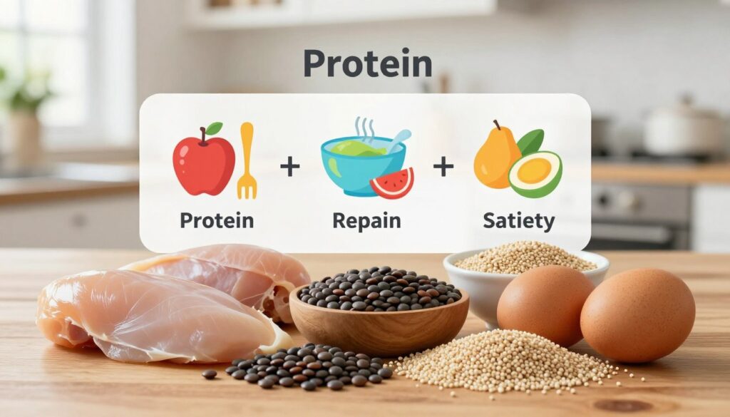 A vibrant and informative composition illustrating the basics of protein in a professional and educational context. In the foreground, display an assortment of high-protein foods such as chicken breast, lentils, eggs, and quinoa, all arranged on a wooden table. In the middle, include infographics showcasing protein structures and the function of protein in the body, such as muscle repair and satiety, designed with clear, colorful graphics. The background should feature a softly blurred kitchen environment with bright, natural lighting pouring in through a window, creating an inviting and healthy atmosphere. Capture the image from a slight overhead angle to provide depth, encouraging viewers to engage with the subject matter. No text or watermarks should be included. A vibrant and informative composition illustrating the basics of protein in a professional and educational context. In the foreground, display an assortment of high-protein foods such as chicken breast, lentils, eggs, and quinoa, all arranged on a wooden table. In the middle, include infographics showcasing protein structures and the function of protein in the body, such as muscle repair and satiety, designed with clear, colorful graphics. The background should feature a softly blurred kitchen environment with bright, natural lighting pouring in through a window, creating an inviting and healthy atmosphere. Capture the image from a slight overhead angle to provide depth, encouraging viewers to engage with the subject matter. No text or watermarks should be included.