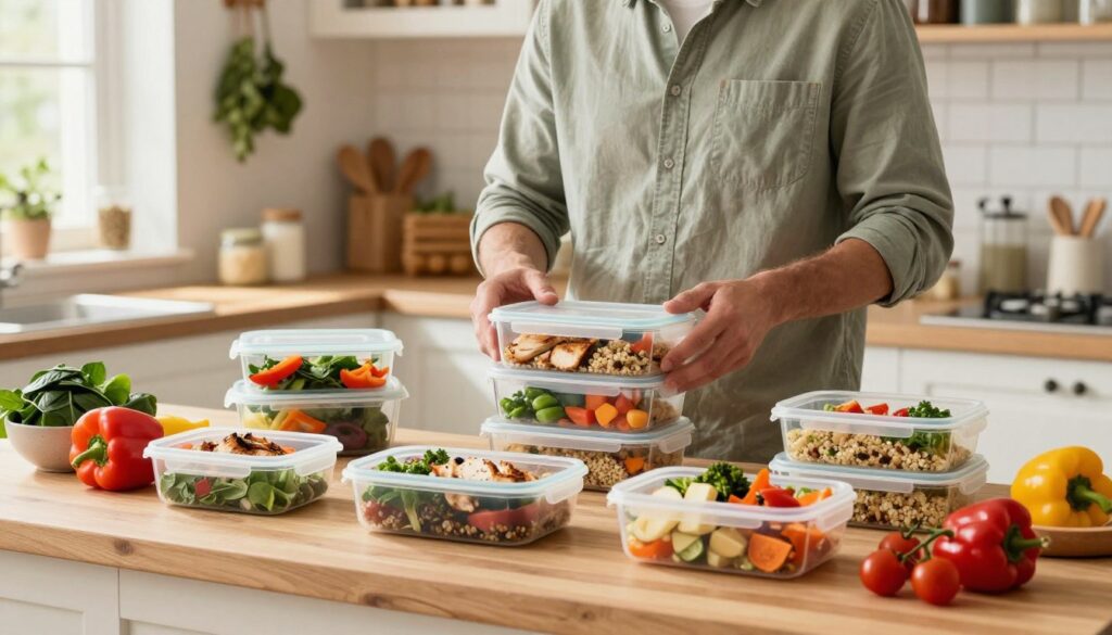 A vibrant and organized kitchen scene showcasing customized high-protein meal prep. In the foreground, a wooden countertop displays a variety of colorful meal prep containers filled with delicious, healthy dishes like grilled chicken, quinoa salad, and roasted vegetables. Brightly colored bell peppers, spinach, and cherry tomatoes are scattered around, emphasizing freshness. In the middle ground, a professional, casually dressed individual skillfully arranges the meal prep containers, focusing on balance and nutrition. The background features a sunlit kitchen with hanging herbs and a well-stocked pantry, creating a warm, inviting atmosphere. The lighting is soft and natural, giving a relaxed feel to the scene, while a shallow depth of field highlights the meal prep process. A vibrant and organized kitchen scene showcasing customized high-protein meal prep. In the foreground, a wooden countertop displays a variety of colorful meal prep containers filled with delicious, healthy dishes like grilled chicken, quinoa salad, and roasted vegetables. Brightly colored bell peppers, spinach, and cherry tomatoes are scattered around, emphasizing freshness. In the middle ground, a professional, casually dressed individual skillfully arranges the meal prep containers, focusing on balance and nutrition. The background features a sunlit kitchen with hanging herbs and a well-stocked pantry, creating a warm, inviting atmosphere. The lighting is soft and natural, giving a relaxed feel to the scene, while a shallow depth of field highlights the meal prep process.