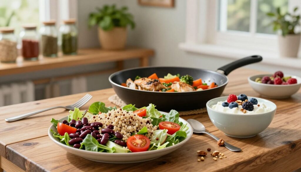 A visually appealing kitchen scene showcasing a variety of easy, healthy, high protein meals arranged on a rustic wooden table. In the foreground, a large, colorful salad featuring kidney beans, cherry tomatoes, and quinoa is placed next to a bowl of Greek yogurt topped with berries and nuts. In the middle, a skillet sizzling with chicken and vegetables adds warmth and vibrancy. The background features a well-organized shelf with jars of spices and fresh herbs, lending a homely feel. Soft, natural lighting filters through a nearby window, creating a bright and inviting atmosphere. The composition is well-balanced and captures the essence of healthy meal preparation, inspiring a sense of motivation for a fresh start to the week. A visually appealing kitchen scene showcasing a variety of easy, healthy, high protein meals arranged on a rustic wooden table. In the foreground, a large, colorful salad featuring kidney beans, cherry tomatoes, and quinoa is placed next to a bowl of Greek yogurt topped with berries and nuts. In the middle, a skillet sizzling with chicken and vegetables adds warmth and vibrancy. The background features a well-organized shelf with jars of spices and fresh herbs, lending a homely feel. Soft, natural lighting filters through a nearby window, creating a bright and inviting atmosphere. The composition is well-balanced and captures the essence of healthy meal preparation, inspiring a sense of motivation for a fresh start to the week.