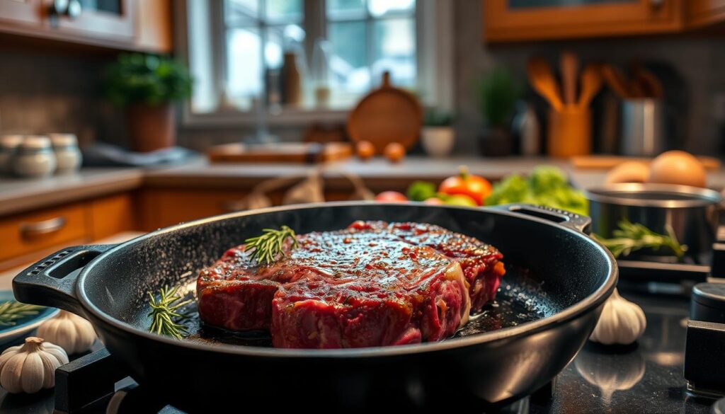 A vivid kitchen scene showcasing the perfect medium rare steak cooking on a stovetop. In the foreground, a beautifully marbled ribeye steak sizzles in a hot cast-iron skillet, with a light golden brown sear developing on the surface. Juices and spices glisten as they cook, creating an inviting aroma. Fresh herbs, like rosemary and thyme, are strategically placed around the skillet. The middle ground features an array of colorful ingredients, including garlic cloves and a small bowl of salt. The background reveals a cozy kitchen setting with warm, ambient lighting filtering through a window, highlighting wooden cabinets and cooking utensils. The atmosphere is inviting and warm, perfect for home cooking, emphasizing the joy of preparing a delicious meal. A vivid kitchen scene showcasing the perfect medium rare steak cooking on a stovetop. In the foreground, a beautifully marbled ribeye steak sizzles in a hot cast-iron skillet, with a light golden brown sear developing on the surface. Juices and spices glisten as they cook, creating an inviting aroma. Fresh herbs, like rosemary and thyme, are strategically placed around the skillet. The middle ground features an array of colorful ingredients, including garlic cloves and a small bowl of salt. The background reveals a cozy kitchen setting with warm, ambient lighting filtering through a window, highlighting wooden cabinets and cooking utensils. The atmosphere is inviting and warm, perfect for home cooking, emphasizing the joy of preparing a delicious meal.