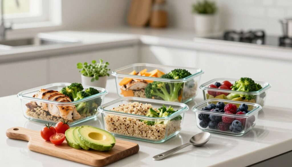 A well-organized meal prep spread for weight loss, featuring several clear glass containers filled with colorful, high-protein foods such as grilled chicken, quinoa, steamed broccoli, and mixed berries. In the foreground, a wooden cutting board displays sliced avocado and cherry tomatoes, with a measuring spoon beside it. The middle ground showcases a bright kitchen countertop with a hint of fresh herbs in a small pot. The background displays a well-lit kitchen with minimalistic design and soft, natural lighting coming through a window, casting gentle shadows. The mood is fresh and inspiring, evoking motivation towards healthy cooking and weight loss goals. A well-organized meal prep spread for weight loss, featuring several clear glass containers filled with colorful, high-protein foods such as grilled chicken, quinoa, steamed broccoli, and mixed berries. In the foreground, a wooden cutting board displays sliced avocado and cherry tomatoes, with a measuring spoon beside it. The middle ground showcases a bright kitchen countertop with a hint of fresh herbs in a small pot. The background displays a well-lit kitchen with minimalistic design and soft, natural lighting coming through a window, casting gentle shadows. The mood is fresh and inspiring, evoking motivation towards healthy cooking and weight loss goals.