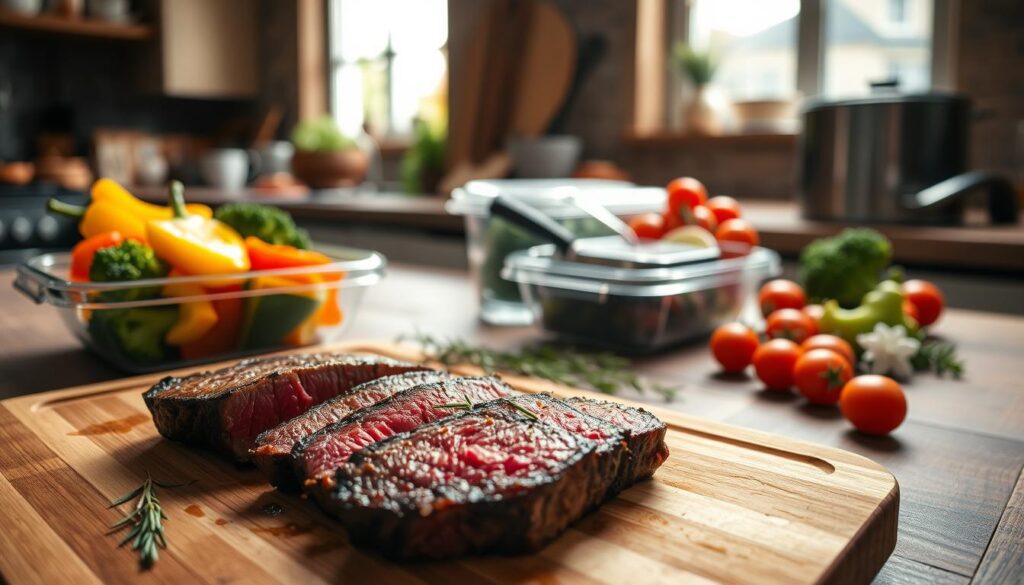 An inviting meal prep scene featuring beautifully cooked medium rare steak slices resting on a wooden cutting board. In the foreground, a neatly arranged meal prep container filled with colorful vegetables like bell peppers, broccoli, and cherry tomatoes complements the steak. The middle layer showcases a rustic kitchen setting with herbs like rosemary and thyme scattered around, alongside cooking utensils. In the background, soft natural lighting streams through a nearby window, casting a warm glow across the scene. The image captures a cozy and vibrant atmosphere, ideal for showcasing meal prep ideas. The composition is viewed from a slightly elevated angle, focusing on the steak and vegetables, creating an appetizing and visually appealing layout. An inviting meal prep scene featuring beautifully cooked medium rare steak slices resting on a wooden cutting board. In the foreground, a neatly arranged meal prep container filled with colorful vegetables like bell peppers, broccoli, and cherry tomatoes complements the steak. The middle layer showcases a rustic kitchen setting with herbs like rosemary and thyme scattered around, alongside cooking utensils. In the background, soft natural lighting streams through a nearby window, casting a warm glow across the scene. The image captures a cozy and vibrant atmosphere, ideal for showcasing meal prep ideas. The composition is viewed from a slightly elevated angle, focusing on the steak and vegetables, creating an appetizing and visually appealing layout.